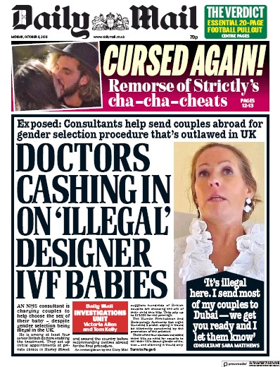 Daily Mail Newspaper Front Page (UK) for 8 October 2018