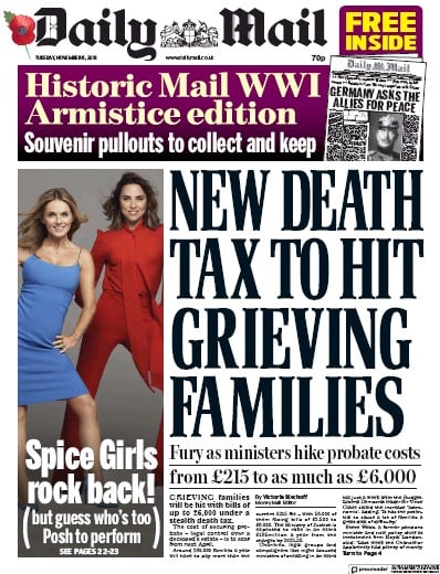 Daily Mail Newspaper Front Page (UK) for 8 November 2018