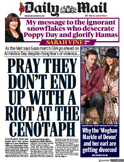 Daily Mail Newspaper Front Page (UK) for 8 November 2023