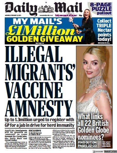 Daily Mail (UK) Front Page for 8 February 2021 | Paperboy Online Newspapers