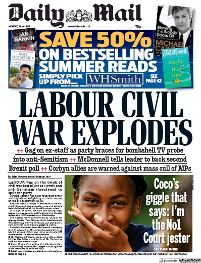 Daily Mail Newspaper Front Page (UK) for 8 July 2019