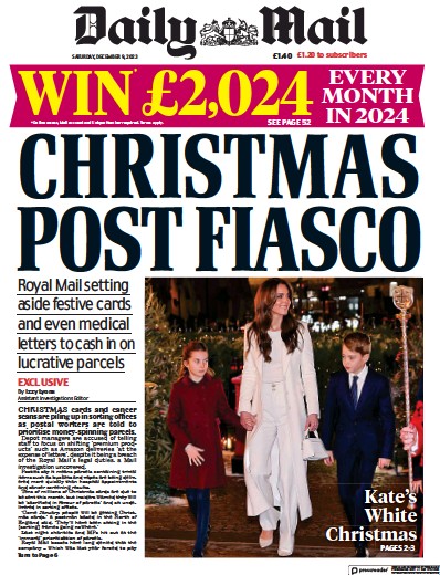 Daily Mail Newspaper Front Page (UK) for 9 December 2023