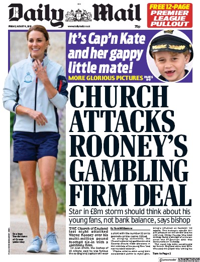 Daily Mail Newspaper Front Page (UK) for 9 August 2019