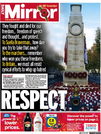 Daily Mirror Newspaper Front Page (UK) for 10 November 2023
