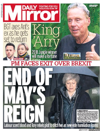 Daily Mirror Newspaper Front Page (UK) for 10 December 2018