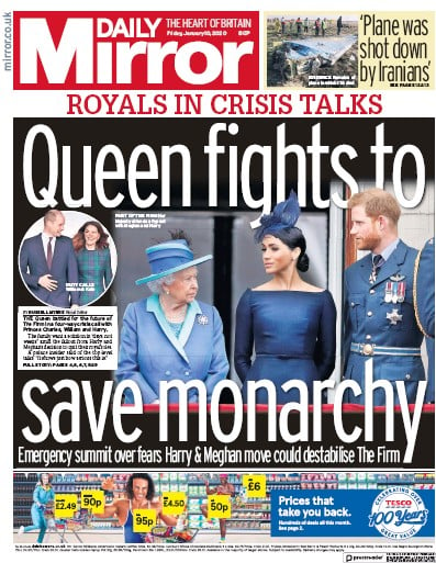 Daily Mirror Newspaper Front Page (UK) for 10 January 2020