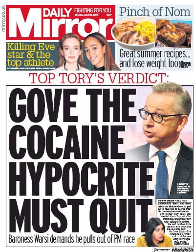 Daily Mirror Newspaper Front Page (UK) for 10 June 2019