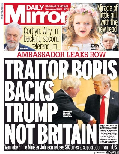 Daily Mirror Newspaper Front Page (UK) for 10 July 2019