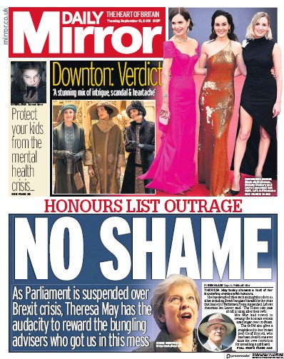 Daily Mirror Newspaper Front Page (UK) for 10 September 2019