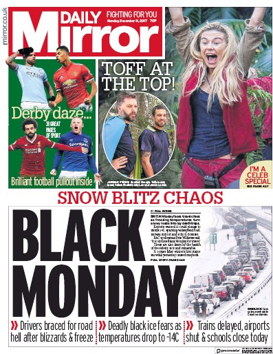 Daily Mirror Newspaper Front Page (UK) for 11 December 2017