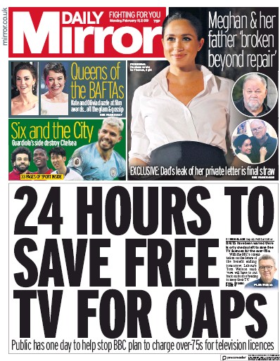 Daily Mirror Newspaper Front Page (UK) for 11 February 2019