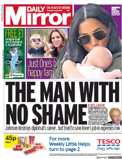 Daily Mirror Newspaper Front Page (UK) for 11 July 2019
