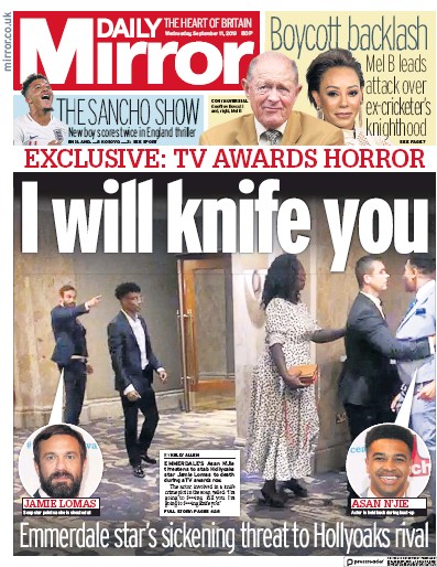 Daily Mirror Newspaper Front Page (UK) for 11 September 2019