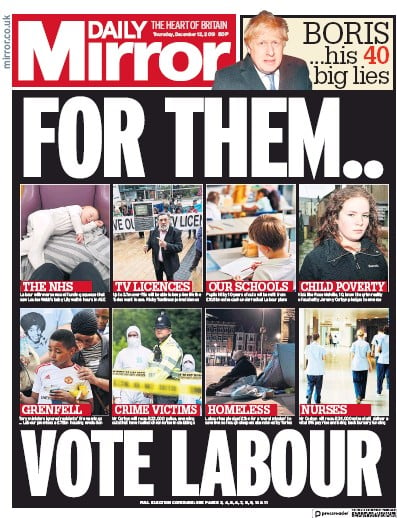 Daily Mirror Newspaper Front Page (UK) for 12 December 2019