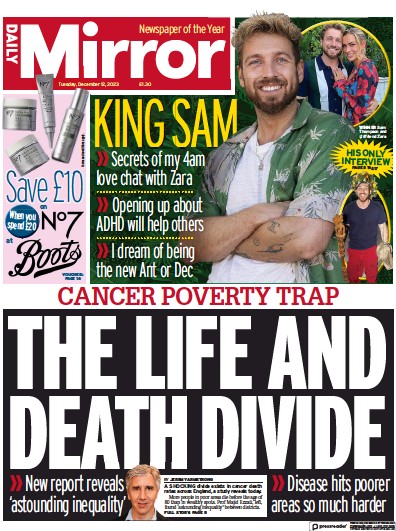 Daily Mirror Newspaper Front Page (UK) for 12 December 2023