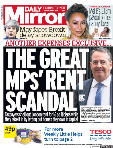 Daily Mirror Newspaper Front Page (UK) for 12 April 2019