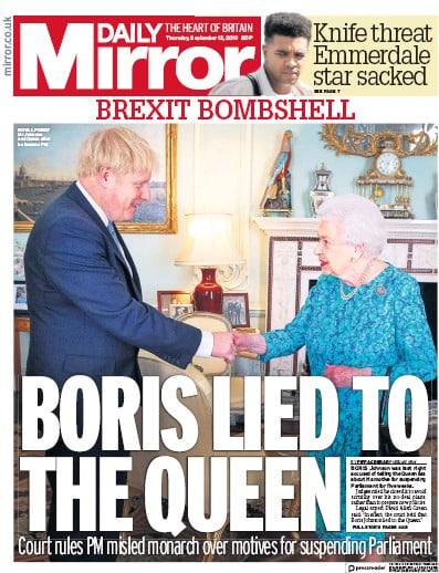 Daily Mirror Newspaper Front Page (UK) for 12 September 2019