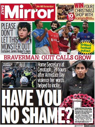 Daily Mirror Newspaper Front Page (UK) for 13 November 2023