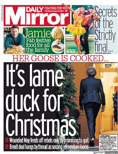 Daily Mirror Newspaper Front Page (UK) for 13 December 2018