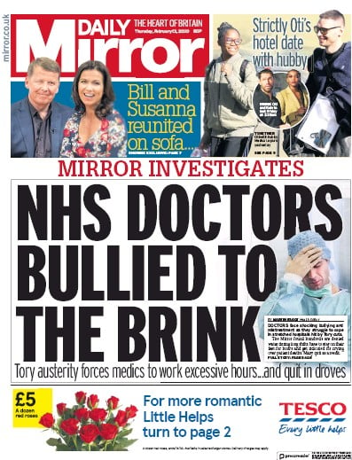 Daily Mirror Newspaper Front Page (UK) for 13 February 2020