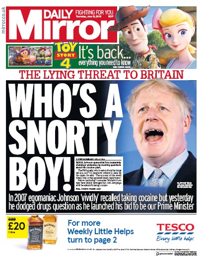 Daily Mirror Newspaper Front Page (UK) for 13 June 2019