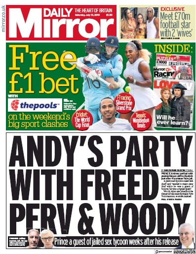 Daily Mirror Newspaper Front Page (UK) for 13 July 2019