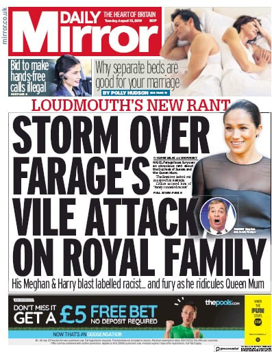 Daily Mirror Newspaper Front Page (UK) for 13 August 2019