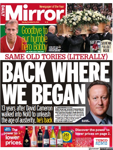 Daily Mirror Newspaper Front Page (UK) for 14 November 2023