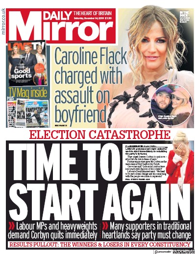 Daily Mirror Newspaper Front Page (UK) for 14 December 2019