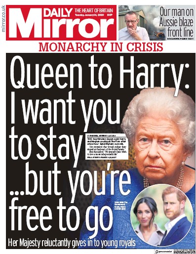 Daily Mirror Newspaper Front Page (UK) for 14 January 2020