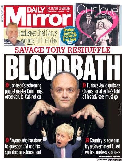 Daily Mirror Newspaper Front Page (UK) for 14 February 2020