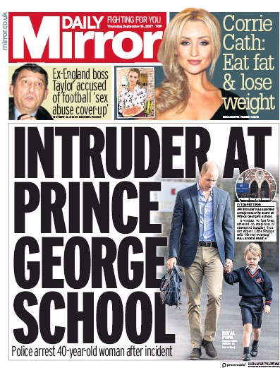Daily Mirror Newspaper Front Page (UK) for 14 September 2017