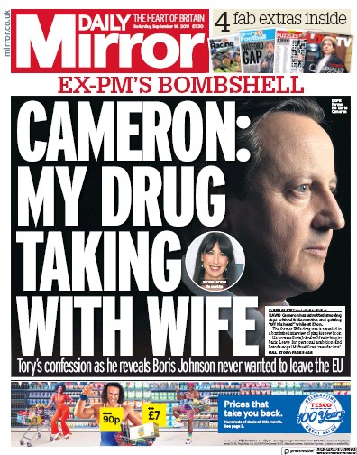 Daily Mirror Newspaper Front Page (UK) for 14 September 2019
