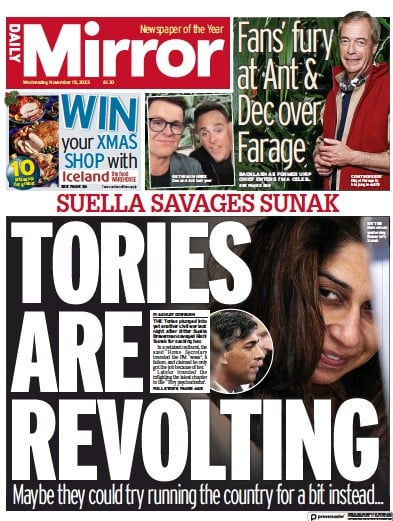 Daily Mirror Newspaper Front Page (UK) for 15 November 2023