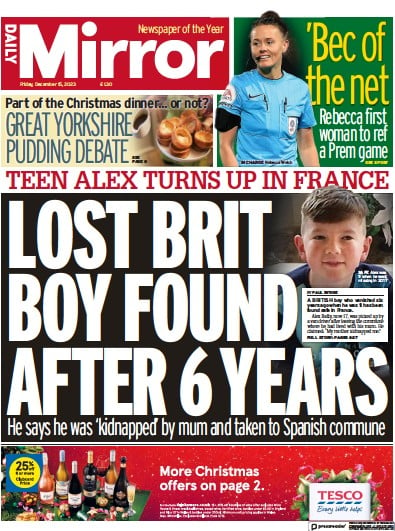 Daily Mirror Newspaper Front Page (UK) for 15 December 2023