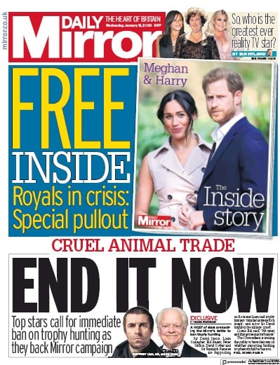 Daily Mirror Newspaper Front Page (UK) for 15 January 2020