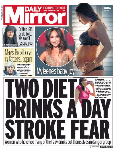Daily Mirror Newspaper Front Page (UK) for 15 February 2019