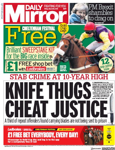 Daily Mirror Newspaper Front Page (UK) for 15 March 2019