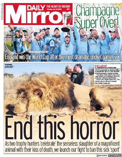 Daily Mirror Newspaper Front Page (UK) for 15 July 2019