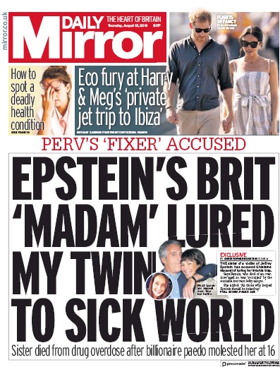 Daily Mirror Newspaper Front Page (UK) for 15 August 2019