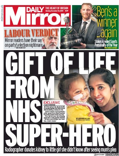 Daily Mirror Newspaper Front Page (UK) for 16 December 2019