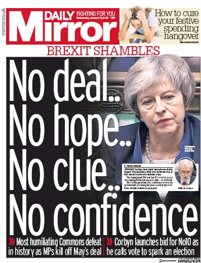 Daily Mirror Newspaper Front Page (UK) for 16 January 2019