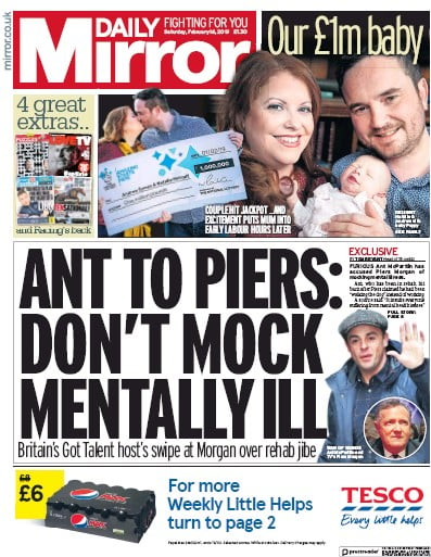 Daily Mirror Newspaper Front Page (UK) for 16 February 2019