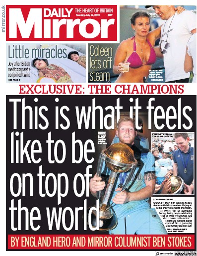 Daily Mirror Newspaper Front Page (UK) for 16 July 2019