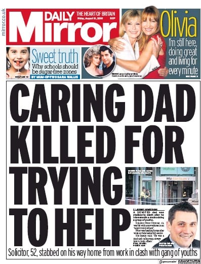 Daily Mirror Newspaper Front Page (UK) for 16 August 2019