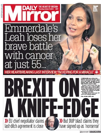 Daily Mirror Newspaper Front Page (UK) for 17 October 2019