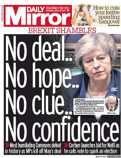Daily Mirror Newspaper Front Page (UK) for 17 January 2019