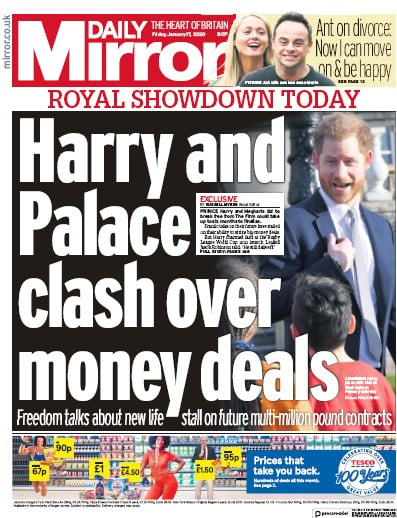 Daily Mirror Newspaper Front Page (UK) for 17 January 2020