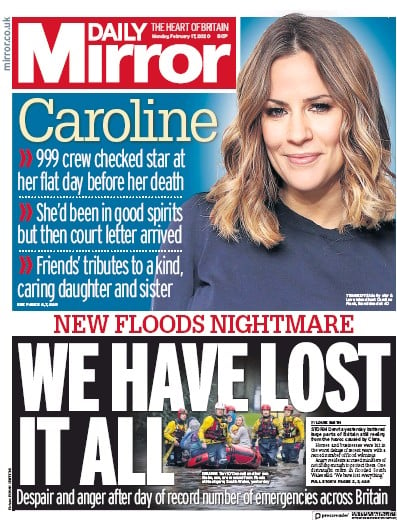 Daily Mirror Newspaper Front Page (UK) for 17 February 2020