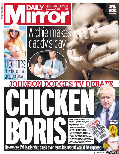 Daily Mirror Newspaper Front Page (UK) for 17 June 2019